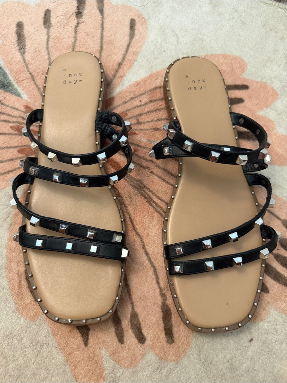 a new day Black Studded Multi-Strap Slide Sandals with Tan Footbed